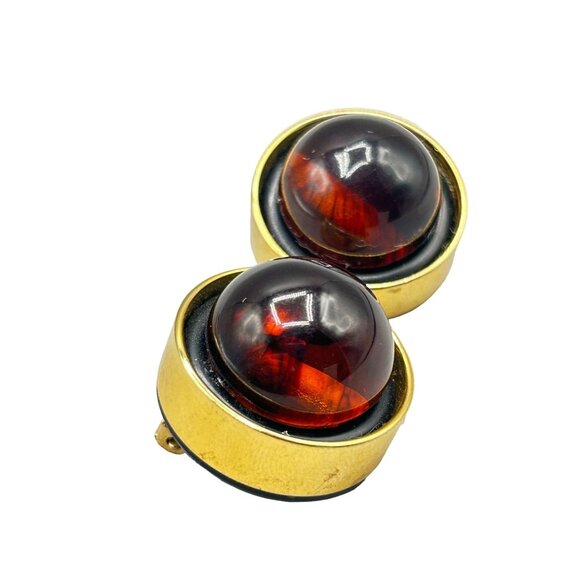 Vintage Dome Clip On Earrings with Bakelite & Gold Tone Finish Bold Design - Picture 1 of 7